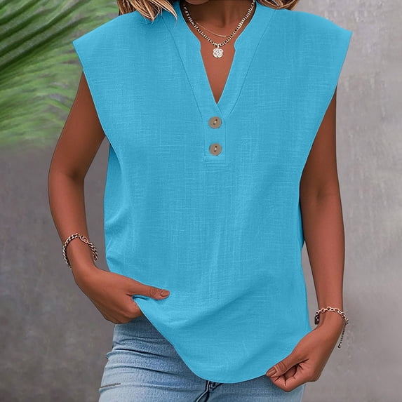Sakmal Sleeveless Shirts for Women Plain Blue V-Neck Button Down Graphic Tees Cotton and Linen T-Shirts Going Out Tops