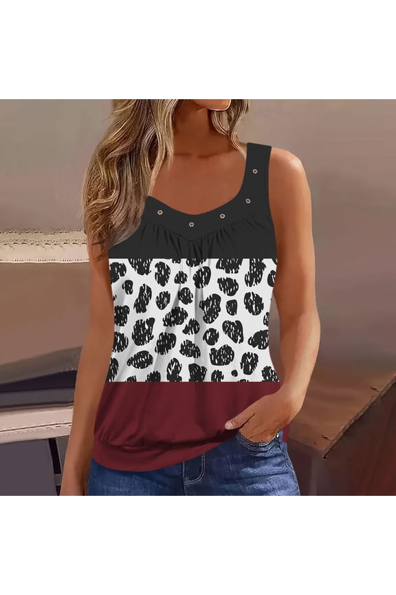 Sleeveless Tank Tops for Women Red V Neck Shirts Leopard Print Casual Tank Tops for Women 3XL