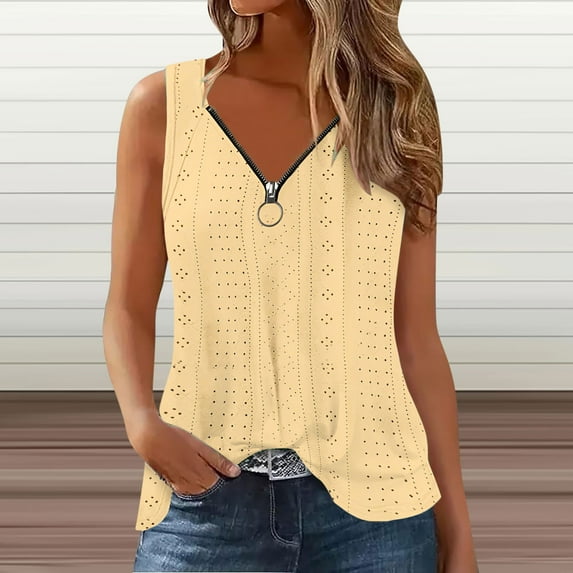 Sakmal Sleeveless Tank Tops for Women Zip Mock Neck Solid Yellow Comfort Lightweight Sleeveless Shirts Casual