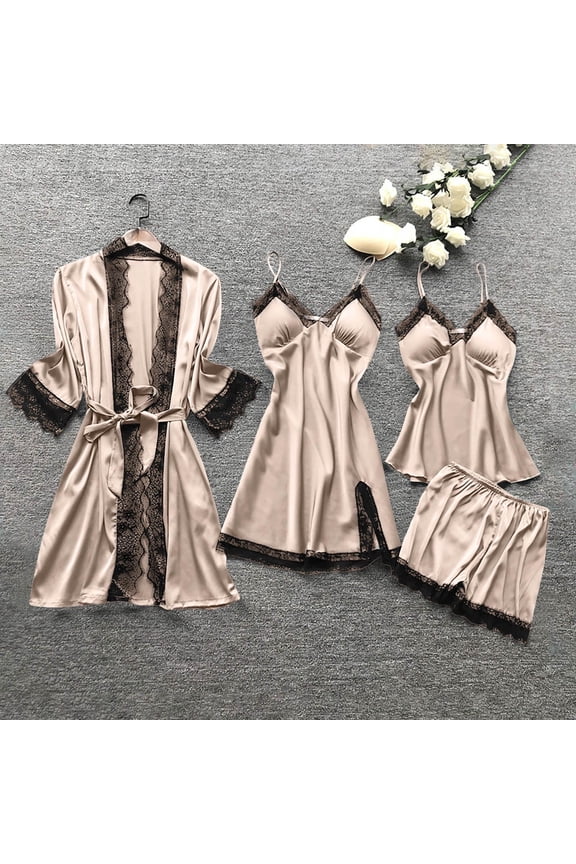 Sleeveless Women Pajama Sets 4 Piece Sexy Plus Size Beige Sleepwear Set Wide Leg Lace Sweetheart Pajamas for Women