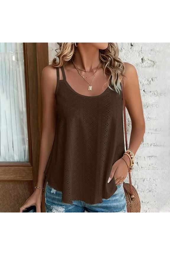 Sleeveless Women Tank Tops Brown Crew Neck Solid Comfort Lightweight Sleeveless Shirts Casual