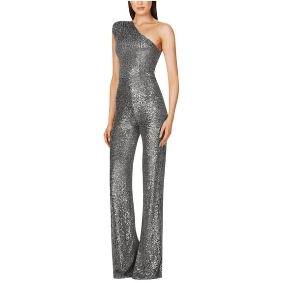 Sakmal Sleeveless Womens Jumpsuit Gray Elegant Wedding Dressy Overalls Sequin Straight Leg Long One Shoulder Boat Neck Pants