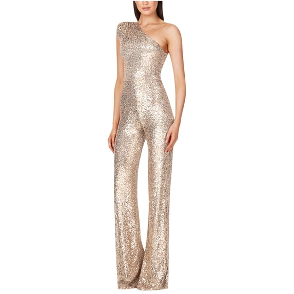 Sakmal Sleeveless Womens Jumpsuit Wedding Elegant Dressy Gold Overalls Long Straight Leg Boat Neck Sequin One Shoulder Pants