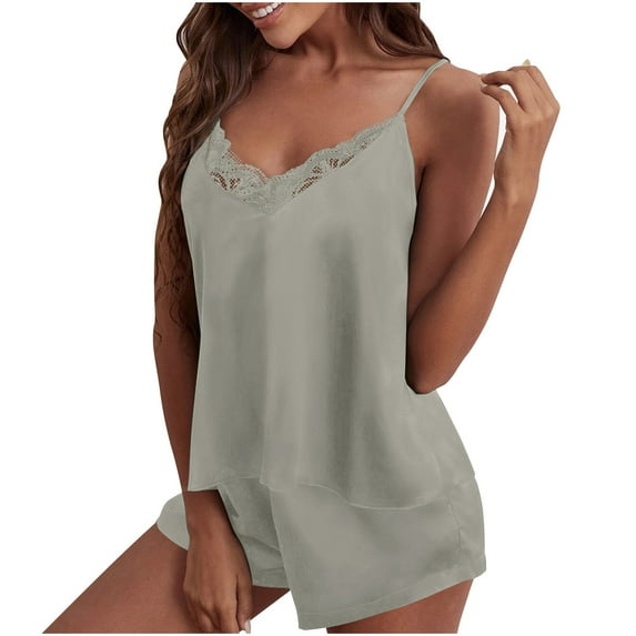 Sakmal Sleeveless Womens Pajamas Sets Gray Shorts Pant Lace Solid Girls Sleepwear