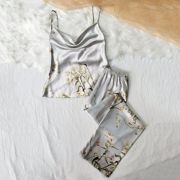 Sakmal Sleeveless Womens Plus Size Pajamas Sets Gray Floral Sexy Nightwear Tops for Ladies