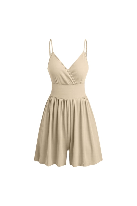 Sleeveless Womens Rompers for Summer Pajama Deep V Neck Sexy Beige Short Jumpsuits Solid Rompers
