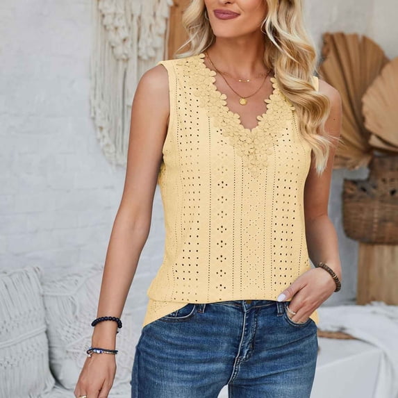 Sakmal Sleeveless Womens Summer Tops Yellow V-Neck Solid Lace Tank Tops Womens Shirts for Summer