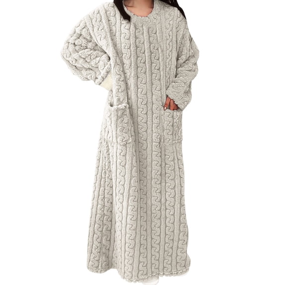 Sakmal Soft Lounge Nightgowns for Women Playful Winter Thickened Warmth White with Pockets Pajama Dress Solid Crew Neck Long Sleeve Long Nightgowns S-L