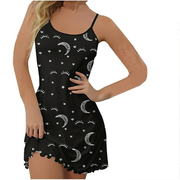 Sakmal Soft Moomoo Sleep Dress for Women Black Short Plus Size House Dress Sleeveless Print Chemises for Women