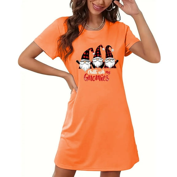 Sakmal Soft Nightgowns Women Cute Christmas Sleepwear Short Sleeve Santa Claus Print Orange Nightgowns