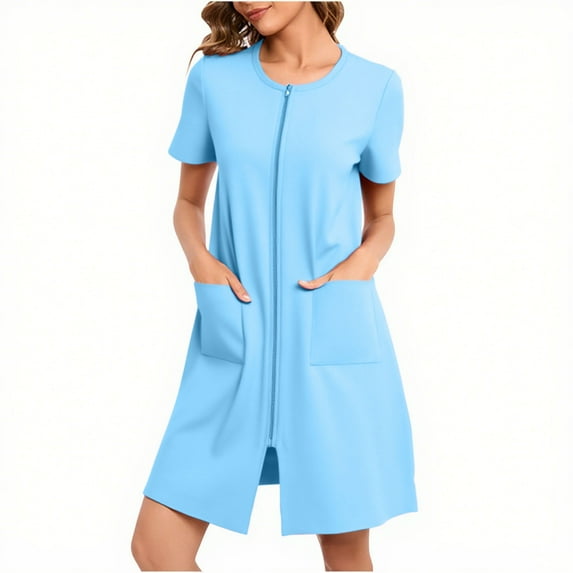 Sakmal Soft Nightgowns Women with Pockets Full Zip Night dress Blue Short Sleeve Nightgowns