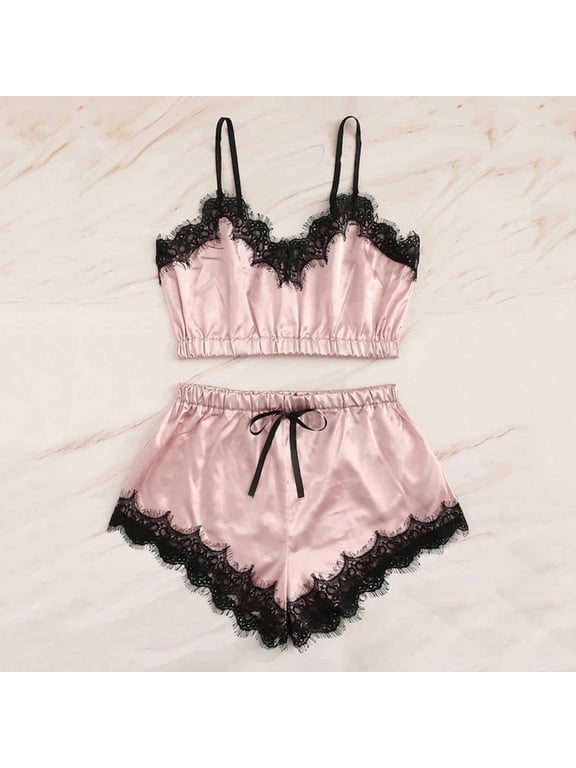 Soft Pajamas for Women Set Lace Sexy Tank Top and Shorts Pjs ,Pink,XXL