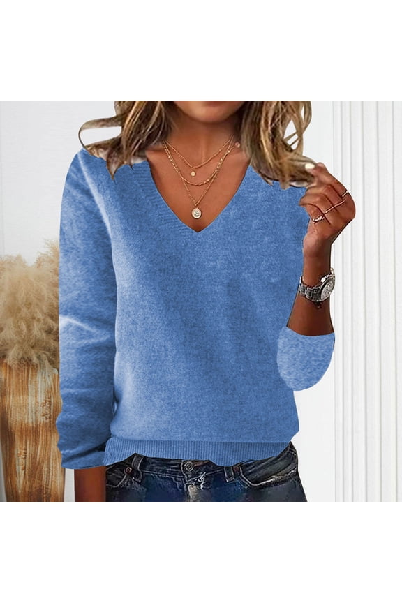 Soft Sweaters Women Cotton Pullover Blue Tops Long Sleeve Plain V Neck Loose Sweaters for Women