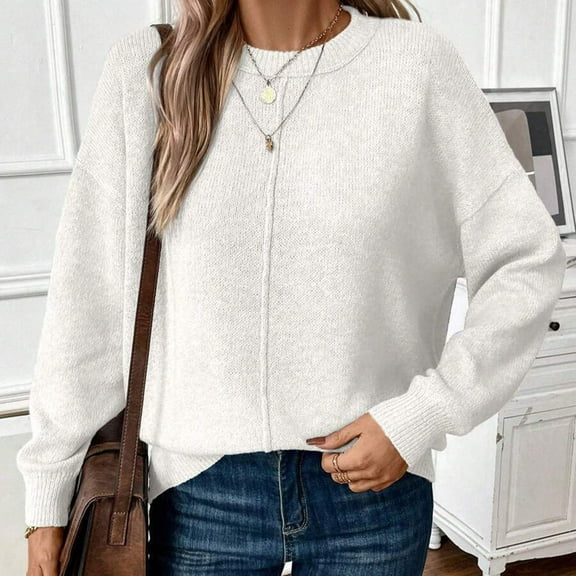 Sakmal Soft Sweaters Women White Pullover Tops Crew Neck Long Sleeve Solid Fashion Sweaters for Women