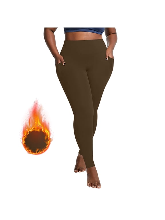 Soft Women Leggings Fleece Lined Brown Plus Size High Waisted Yoga Pants Long Athletic Solid Leggings