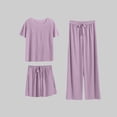 thumbnail image 1 of Sakmal Soft Women Pajama Sets 3pc Short Sleeve Comfy Top and Pants Lightweight Loose Fit Solid Lounge Round Neck Women Loungewear Set, 1 of 6