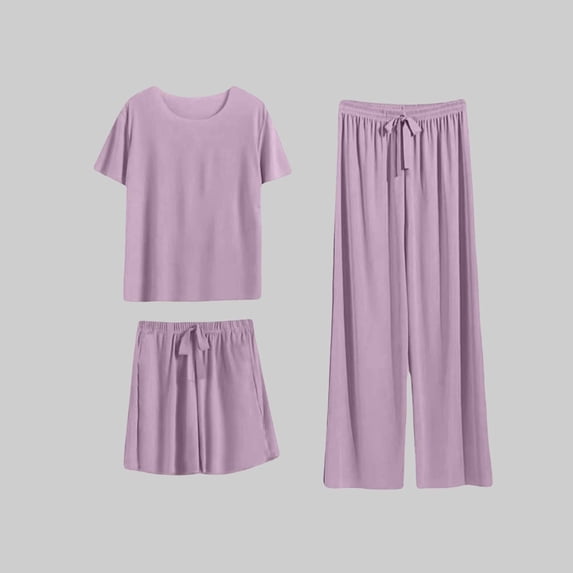 Sakmal Soft Women Pajama Sets 3pc Short Sleeve Comfy Top and Pants Lightweight Loose Fit Solid Lounge Round Neck Women Loungewear Set