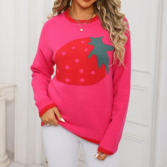 Sakmal Soft Women Sweaters Pullover Long Sleeve Tops Pink Fruits Print Crew Neck Fashion Sweaters for Women