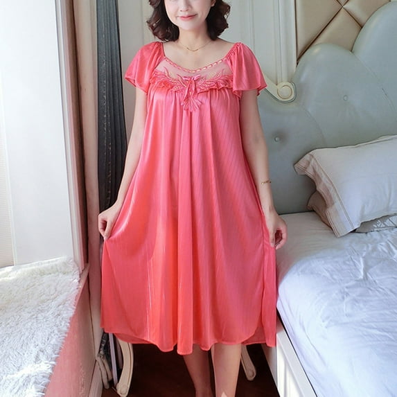 Sakmal Soft Womens Moomoo Nightgown Red Cozy Pleated Sleepshirt Short Sleeve Floral Square Neckline Long Nightgowns