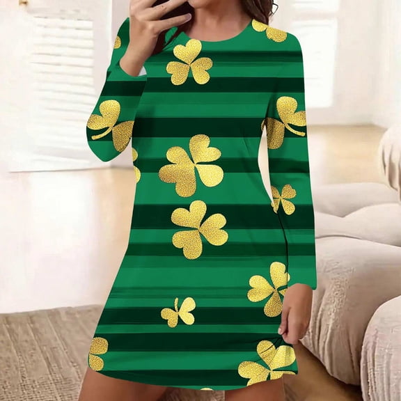 Sakmal Soft Womens Moomoo Nightgowns Long Sleeve St Patrick's Day Sleep Dress Short Shamrock Print Womens Nightgown L
