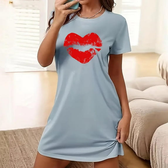 Sakmal Soft Womens Nightgown Blue Short Nightwear Short Sleeve Heart Print Nightgowns for Women