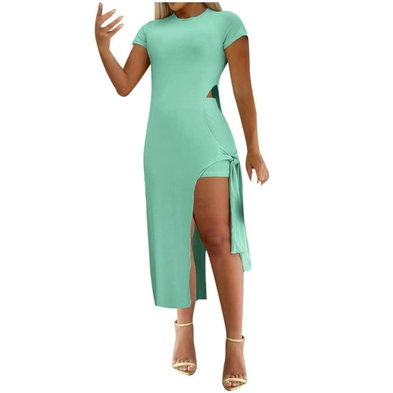 Sakmal Solid Dresses for Women Sexy Bodycon Opening Green Comfort Fit Short Sleeve Long Sheath Dress