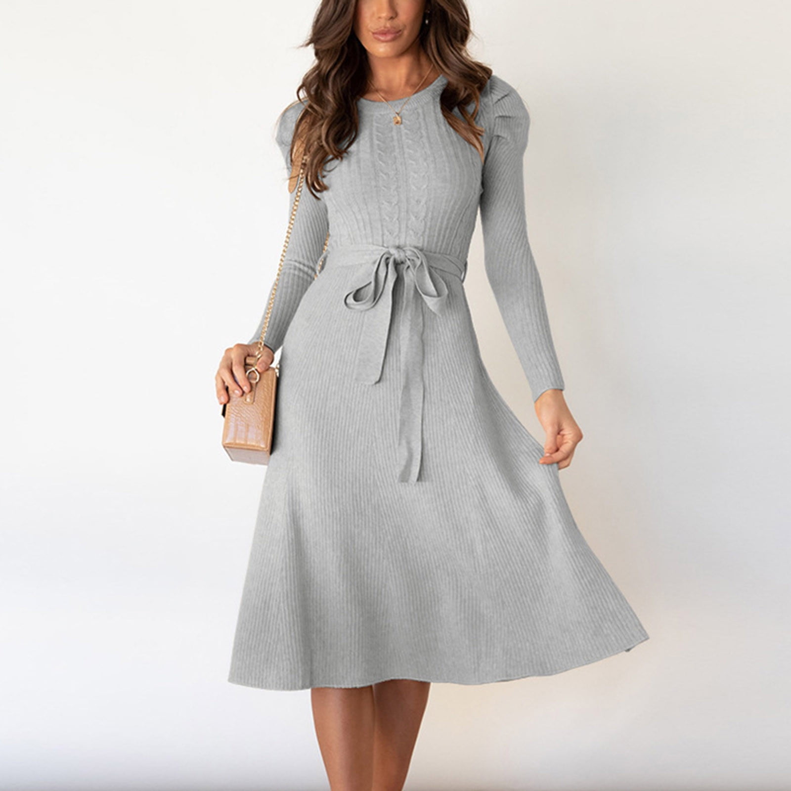 Sakmal Solid Flowy Dresses for Women Tie Gray Crew Neck Long Sleeve ...