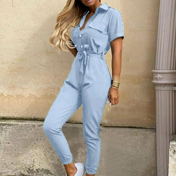 Sakmal Solid Jumpsuits for Women Dressy Jogger Cargo Drawstring Overalls Blue Long Short Sleeve Collared Pants for Women