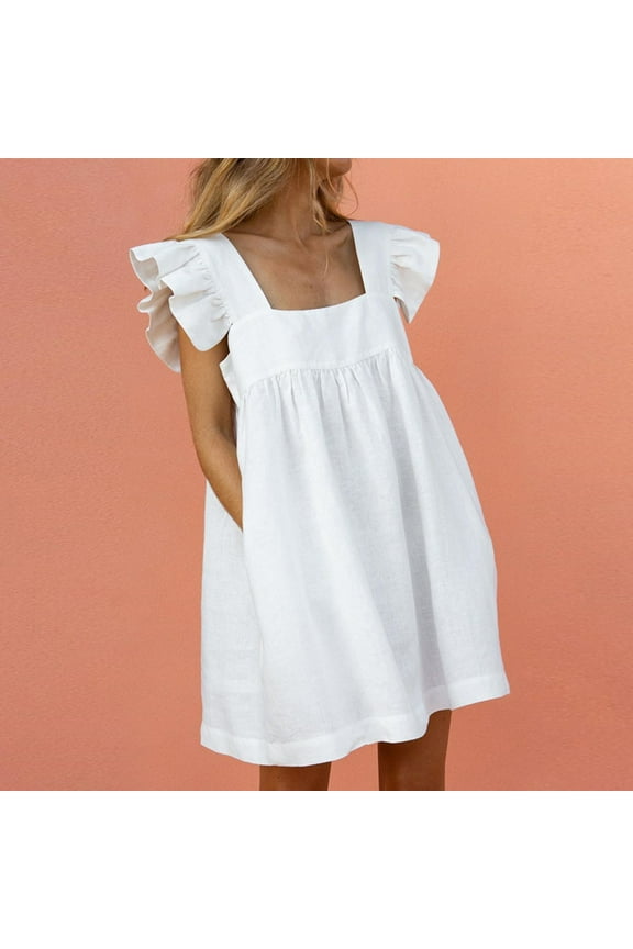 Solid Plus Size Dresses for Women White Short Dresses Ruffle Sleeve Square Neckline Sleeveless Plus Size Ladies Dresses