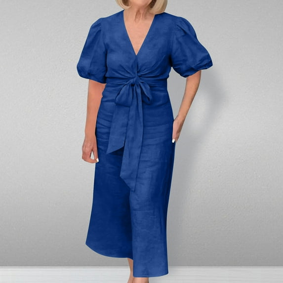 Sakmal Solid Summer Dresses Puff Sleeve Blue Short Sleeve Comfort Fit Maxi Shirt Dress
