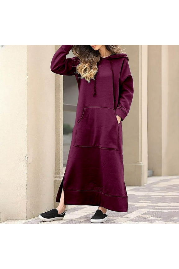 Maxi Womens Dresses Sweatshirt Dresses with Pocket Opening Hoodies Solid Long Sleeve Plus Size Summer Dresses