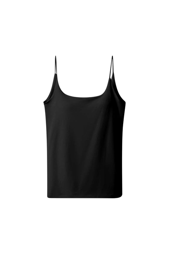 Spaghetti Straps Tank Tops for Women Black Scoop Neck with Built In Bra Support Solid Sleeveless Shirts Casual