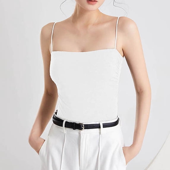Sakmal Spaghetti Straps Women Tank Tops With Built In Bras Camisole Square Neckline Cropped Shirts White Solid Trendy Tank Tops for Women M