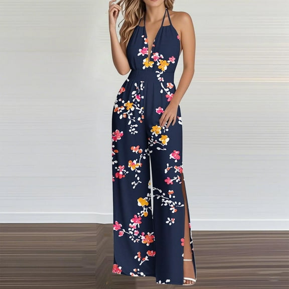 Sakmal Split Womens Jumpsuit Flowy Blue Beach Sleeveless Overalls Full Halter Wide Leg Floral Pants with Pockets