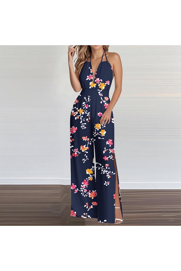 Split Womens Jumpsuit Flowy Blue Beach Sleeveless Overalls Full Halter Wide Leg Floral Pants with Pockets