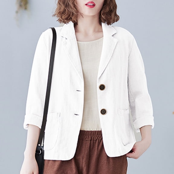 Sakmal Spring Coats for Women Casual Long Sleeve Sleeve White Cotton and Line Solid Button Down Jacket for Ladies
