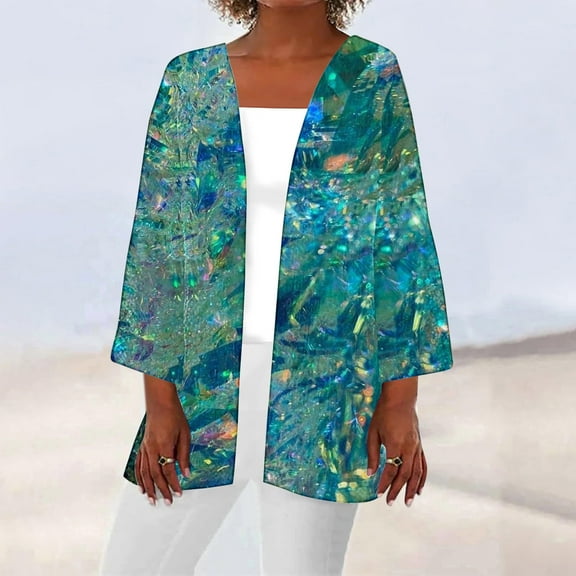 Sakmal Spring Coats for Women Cover-Up Blue Elbow-Length Loose Fit Tie Dye Cardigan Flowy Womens Jackets Plus Size