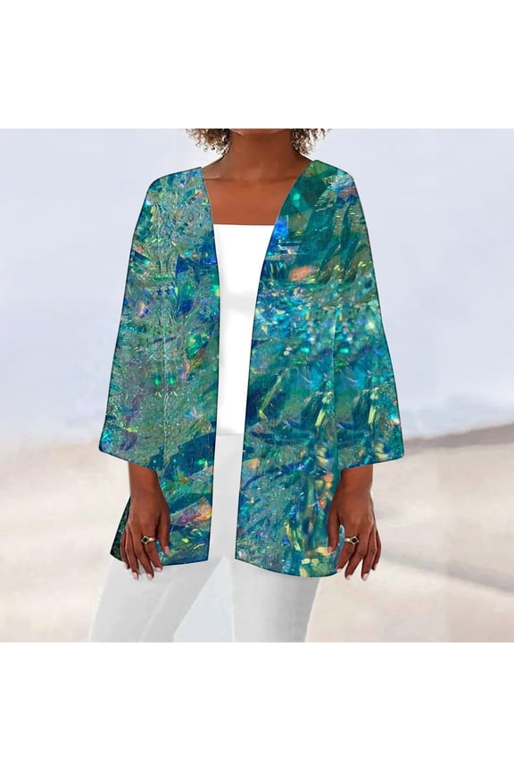 Spring Coats for Women Elbow-Length Cover-Up Blue Flowy Cardigan Tie Dye Loose Fit Womens Jackets and Coat