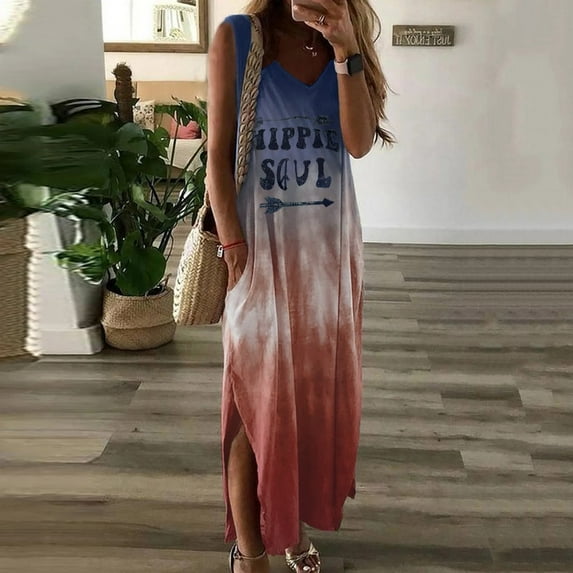 Sakmal Spring Dresses for Women 2024 Maxi Shift Dress Gradient Casual Hippie Soul Loose Sleeveless Summer Skirts