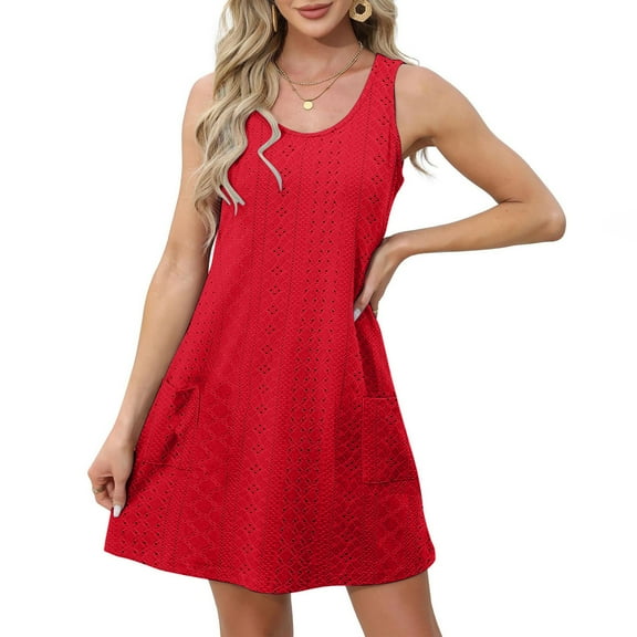 Sakmal Spring Dresses for Women 2025 Cutout Midi Red Tank Dress Scoop Neck Dresses with Pockets