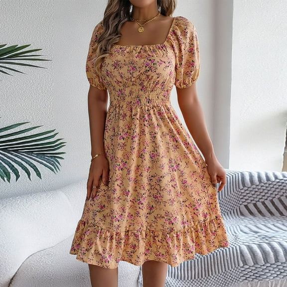 Sakmal Spring Dresses for Women 2025 Sundress Short Sleeve Long Floral Yellow Dresses S-XL