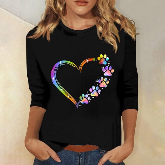 Sakmal Spring Tops for Women 2024 3/4 Sleeve Black Floral Paw Crew Neck Puppy T-Shirts Womens T Shirts