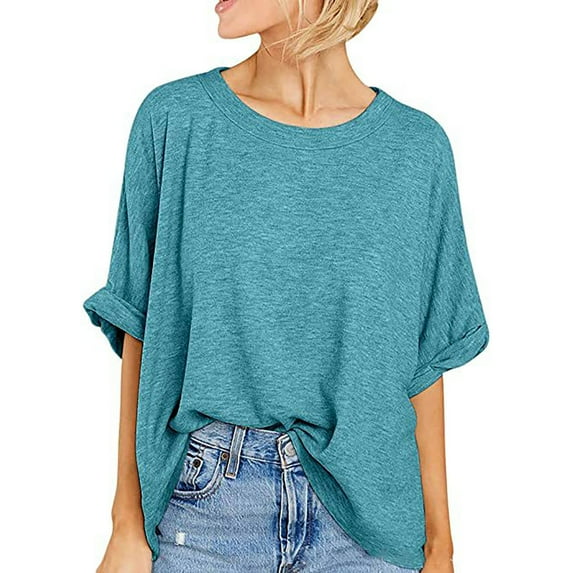 Sakmal Spring Tops for Women 2024 Elbow-Length Blue Solid Crew Neck T-Shirts Womens Shirts