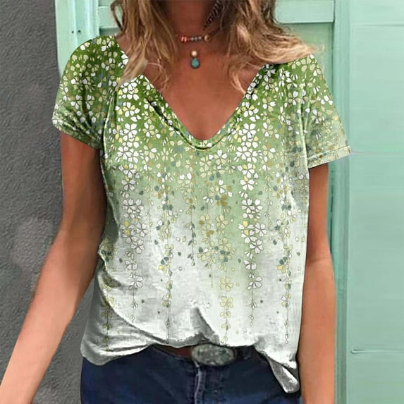 Sakmal Spring Tops for Women 2024 Green Short Sleeve Deep V-Neck Floral T-Shirts Shirts for Women