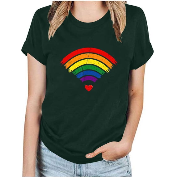Sakmal Spring Tops for Women 2024 Green Short Sleeve Rainbow Crew Neck Graphic T-Shirts Ladies Shirts Clearance $5