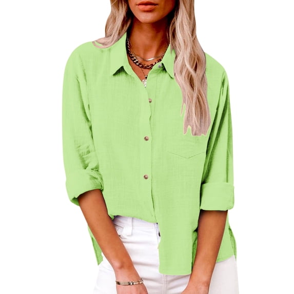 Sakmal Spring Tops for Women 2024 Long Sleeve Green Button Solid Collared Blouses Ladies Shirts,XXL