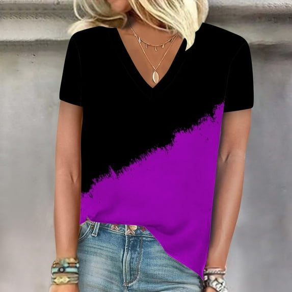 Sakmal Spring Tops for Women 2024 Purple Short Sleeve Patchwork V-Neck T-Shirts Womens T Shirts