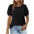 thumbnail image 1 of Sakmal Spring Tops for Women 2024 Short Sleeve Black Pleated Crew Neck Puff Sleeve Solid T-Shirts Womens Shirts for Summer, 1 of 4