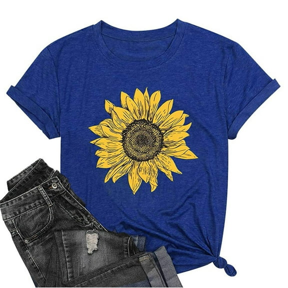 Sakmal Spring Tops for Women 2024 Short Sleeve Crew Neck Sunflower Graphic T-Shirts Ladies Shirts