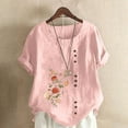 thumbnail image 1 of Sakmal Spring Tops for Women 2024 Short Sleeve Floral Cotton Linen Button Crew Neck T-Shirts Ladies Shirts, 1 of 5